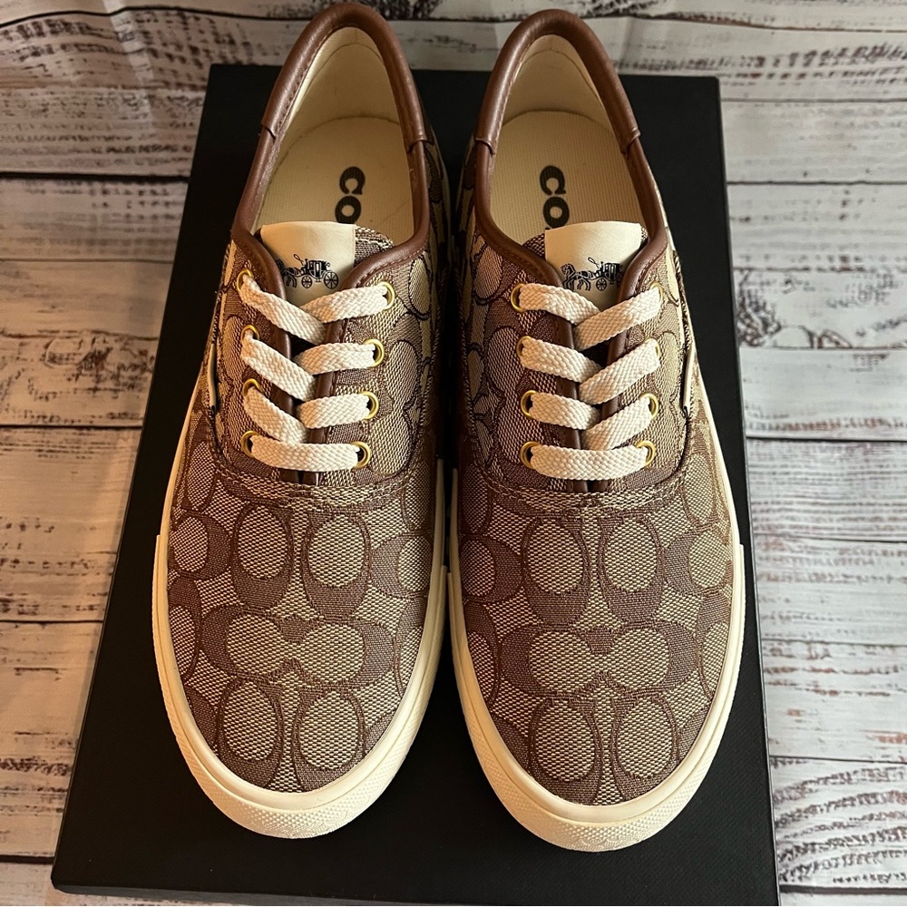 Coach Beige Monogram Low-Top Sneakers with White Soles - Picture 4 of 13
